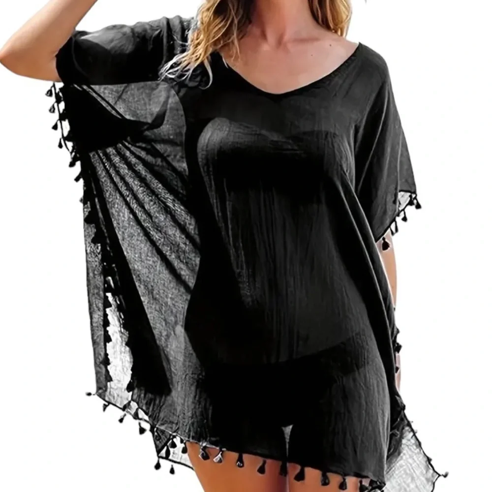 Boho Black Sheer Summer Cover-Up with Ball‎ Tassel Detail One Size New!